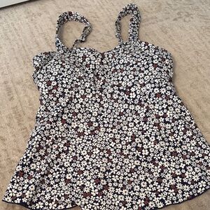 Lands' End Floral Swim Top in Navy with White and Red Accents